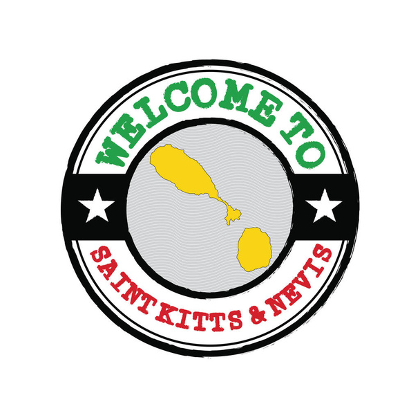 Векторная марка приветствия на Сент-Китсе и Невисе с картой страны в центре. Грязный штамп приветствия Сент-Китс и Невис. - Вектор,изображение
