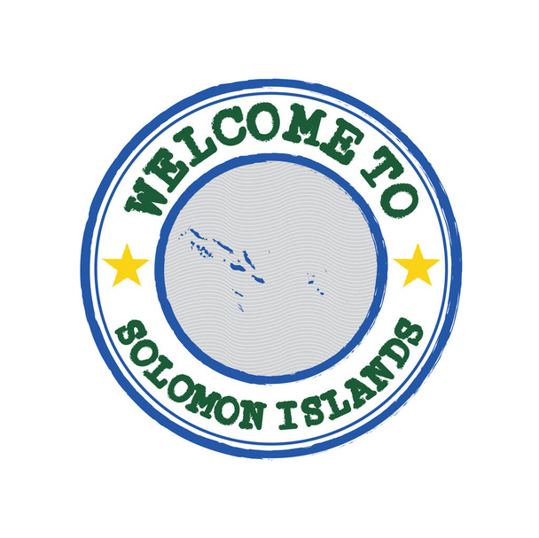 Timbro vettoriale di benvenuto alle Isole Salomone con la mappa della nazione al centro. Grunge Timbro di texture in gomma di benvenuto a Isole Salomone. - Vettoriali, immagini