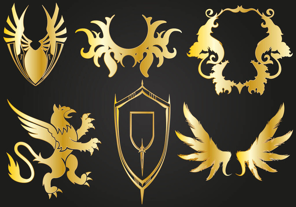 Shields and golden silhouettes on black background. - Vector, Image