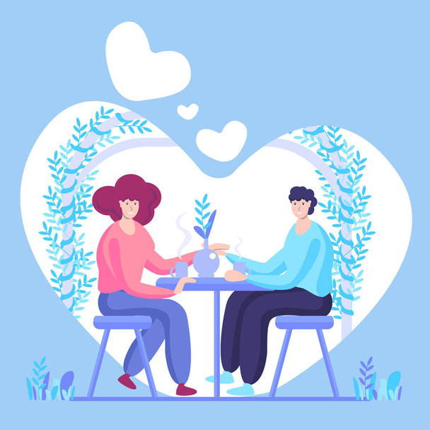 Romanttinen pari istuu kahvilassa. Mies ja nainen ravintolassa. Rakastava pari tai pari mies nainen ystävä istua pöydässä juoda kahvia on keskustelu. Poikaystävä ja tyttöystävä päivämäärä. Tasainen sarjakuva vektori - Vektori, kuva