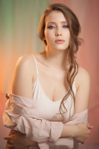 Portrait of beautiful angelic look young woman in studio. - Foto, afbeelding