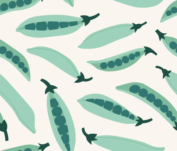 Seamless pattern of green peas on a beige background. Hand-drawn peas set. Trendy vegan food background for fabric, paper. Suitable for illustrating healthy eating, recipes, local farm. - Vector, Image