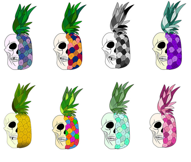 Színes ananász koponyák illusztráció ikon matricák fehér háttér - Fotó, kép