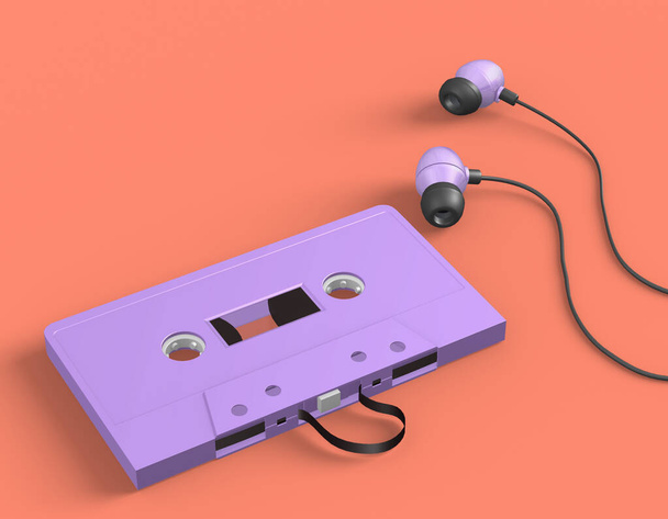 макет аудіо музики ретро фіолетові касетні стрічки на червоному пастельному фоні, 3d рендеринг
 - Фото, зображення