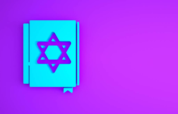 Kék zsidó Tóra könyv ikon elszigetelt lila háttér. Mózes Pentateuch-ja. A Biblia borítóján Dávid Csillagának képe látható. Minimalizmus koncepció. 3d illusztráció 3D render. - Fotó, kép