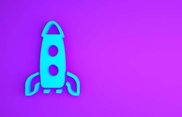 Blue Rocket ship icon isolated on purple background. Space travel. Minimalism concept. 3d illustration 3D render. - Photo, Image