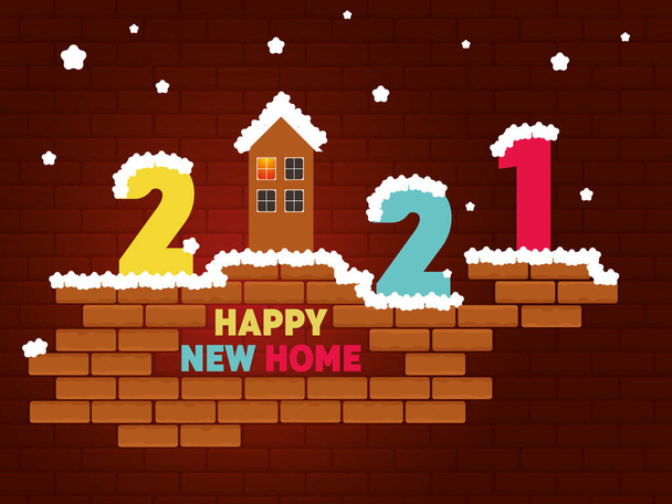 Feliz nuevo hogar 2021 tarjeta abstracta con edificios de colores, nubes, copos de nieve. El texto 2021 sobre el ladrillo. - Vector, imagen