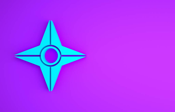 Blue Japanese ninja shuriken icon isolated on purple background. Minimalism concept. 3d illustration 3D render. - Photo, Image