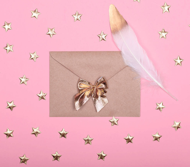 Envelope letter on a pink background with stars - Foto, Imagen