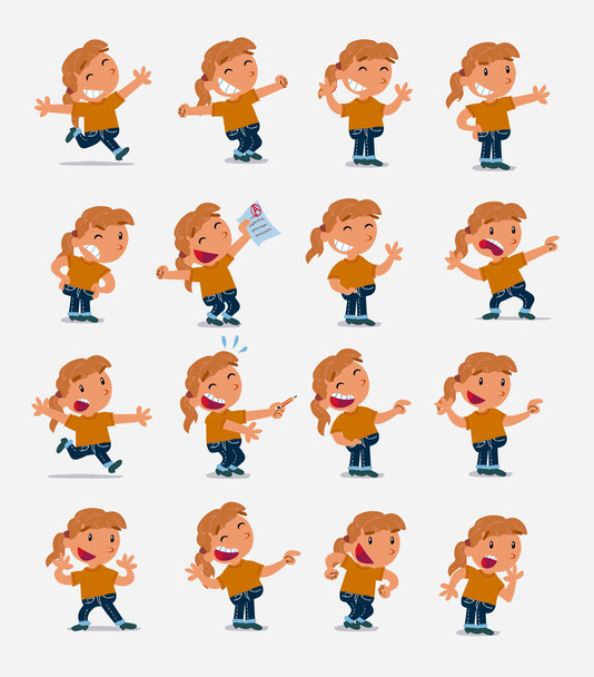 Personaje de dibujos animados niña blanca. Set con diferentes posturas - Vector, imagen