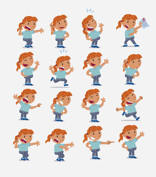 Personagem de desenhos animados menina branca. Conjunto com posturas diferentes - Vetor, Imagem