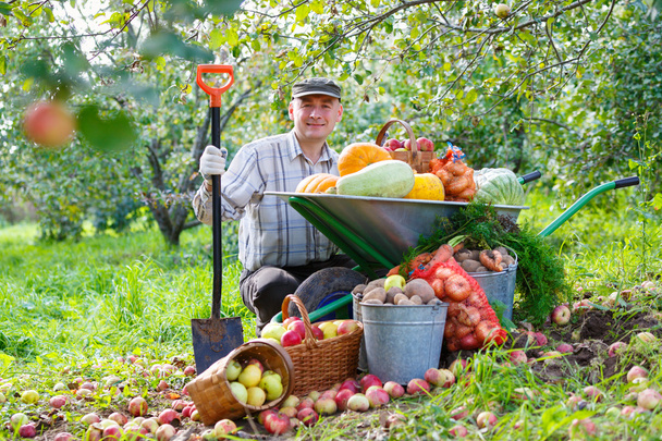 Happy man with a crop in the garden - Foto, Imagem
