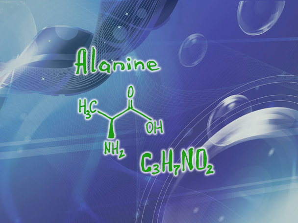 Χημικός μοριακός τύπος της αμινοαλανίνης D. Infographics. Αφηρημένο φωτεινό λαμπερό μπλε φόντο. - Φωτογραφία, εικόνα