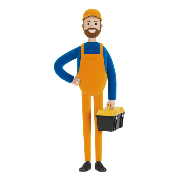 Master for an hour with a toolbox. Builder. 3D illustration in cartoon style. - Photo, Image
