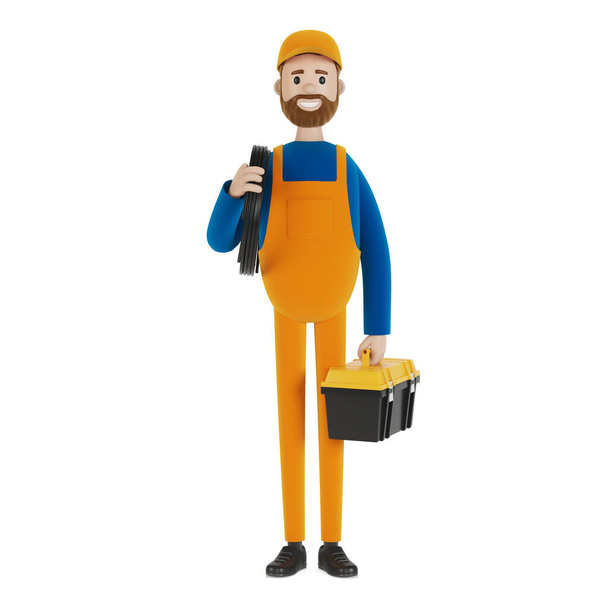 Master for an hour with a toolbox. Builder. 3D illustration in cartoon style. - Fotoğraf, Görsel