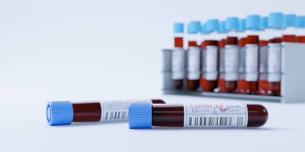 Coronavirus Covid19 test tubes in a rack. Medical screening and Covid tests production 3d render - Φωτογραφία, εικόνα