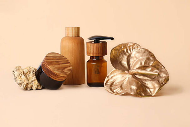 Composition from the natural materials and wooden cosmetics containers near it.Concept of the natural organic components.Can be used as advertising banner.Pastel colors. - Fotoğraf, Görsel