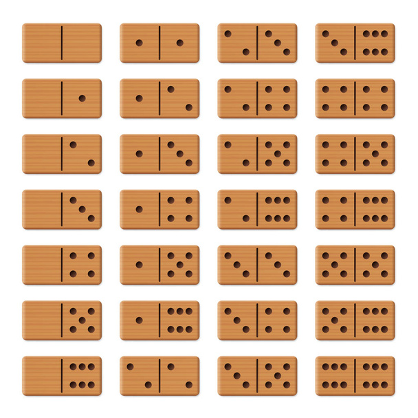 Domino - täydellinen peli asetettu, kokoelma 28 järjestetty puinen kuvioitu laatat. Erillinen vektorikuva valkoisella taustalla. - Vektori, kuva