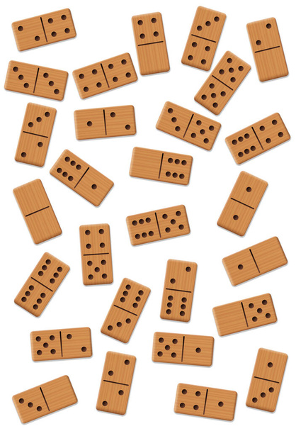 Dominos, verstreut, gemischt, durcheinander, lose arrangiertes chaotisches Set aus 28 Holzplättchen. Isolierte Vektordarstellung auf weißem Hintergrund. - Vektor, Bild