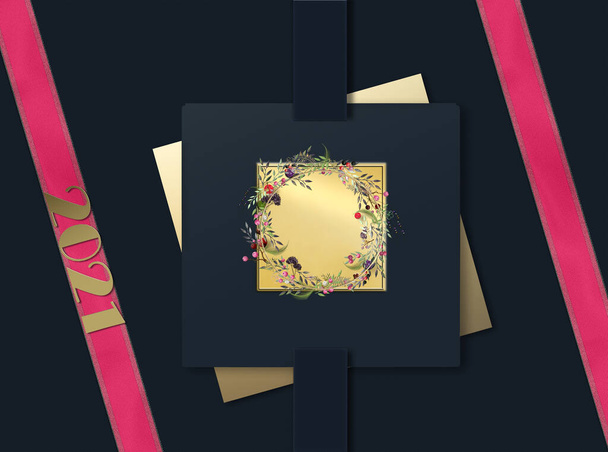 Luxus 3D elvont karácsony 2021 ünnepi banner Xmas realisztikus koszorú, rózsaszín szalagok, Xmas koszorú. Karácsonyi ajándék címke fekete háttér. Arany számjegy 2021. 3D illusztráció. Szöveg helye, gúnyolódás - Fotó, kép