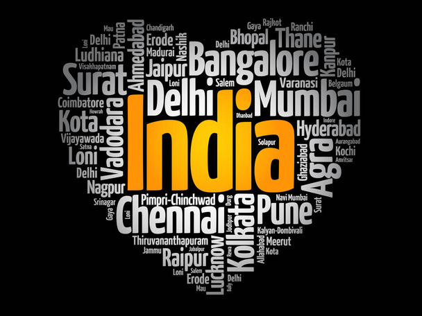 Liste des villes et villages en Inde composés de love sign heart shape, word cloud collage, business and travel concept background - Photo, image