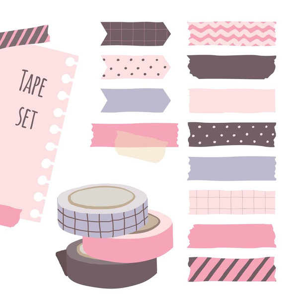 Set of cute colorful hand drawn masking tape, blank tags label stickers with patterns in pastel color as design elements for decoration. Vector illustration - Vetor, Imagem
