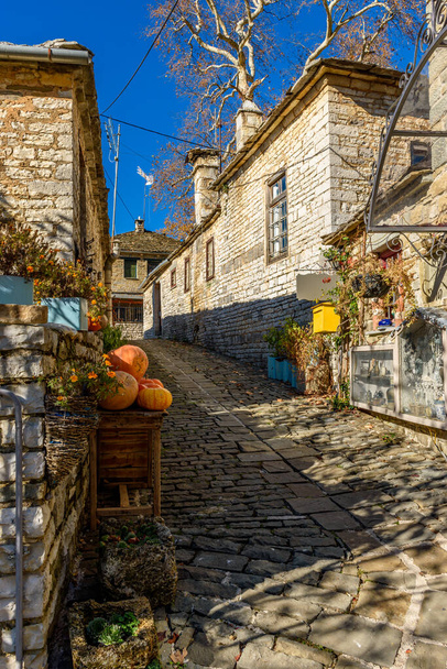 Traditional architecture  in a stone street during  fall season in the picturesque village of papigo in Epirus zagori greece - Photo, Image