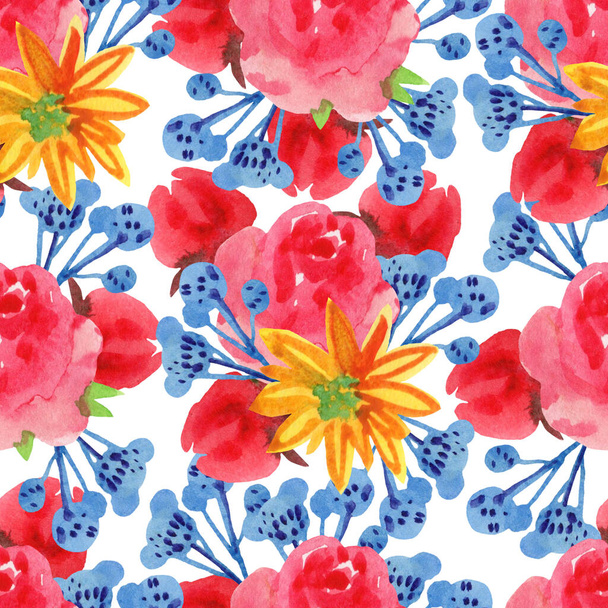 Seamless watercolor pattern with bright hand-drawn flowers. For wrapping paper, wallpaper, fabric, textiles and more. - Fotó, kép