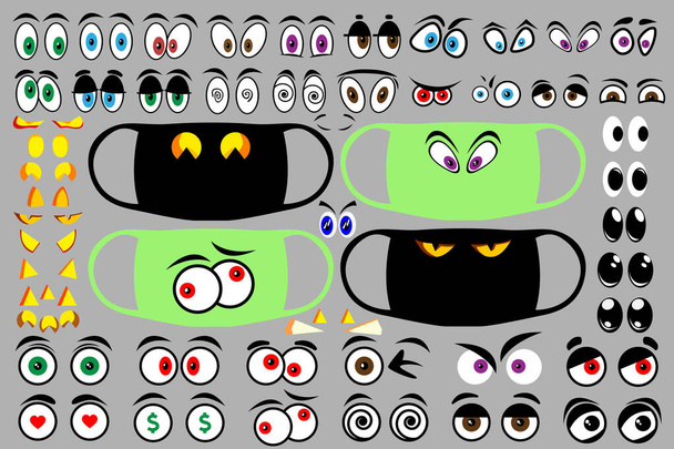 Large set of different cartoon eyes. Images for medical masks and other purposes. Vector illustration. - Vector, Image