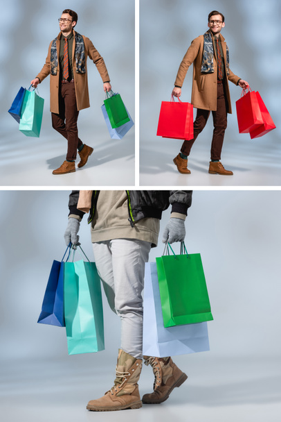 collage of happy customer in glasses holding paper bags on grey - Фото, зображення