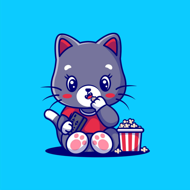 Grazioso gatto mangiare popcorn illustrazione. - Vettoriali, immagini
