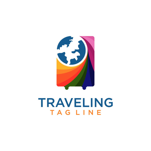 Logo viaggiante con valigia e globo, fantastico modello vettoriale di design - Vettoriali, immagini