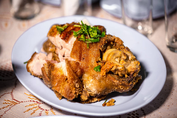 Pork hock in German with sauces delicious food. Deep fried pork knuckle ,Thai style serve with seafood sauce. - 写真・画像