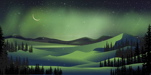 Χειμερινή νύχτα με βόρεια φώτα τοπίο σε έναστρη νύχτα με ημισέληνο, λαμπερά αστέρια και κομήτη που πέφτουν πάνω από το βουνό και πεύκο, Vector Night ουρανό και θεαματική aurora borealis - Διάνυσμα, εικόνα