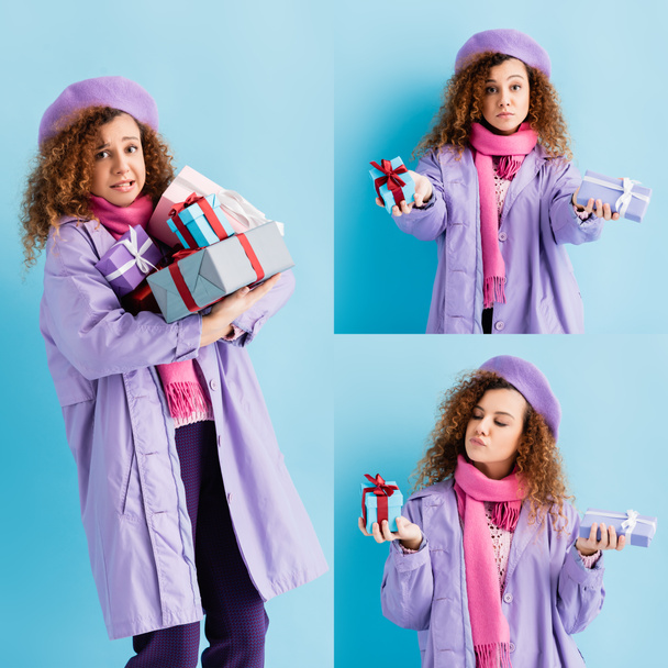 collage of confused young woman holding wrapped presents on blue  - Fotó, kép