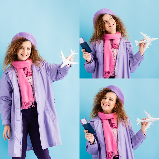 collage of cheerful young woman in winter coat and beret holding passport and toy plane on blue - Photo, Image