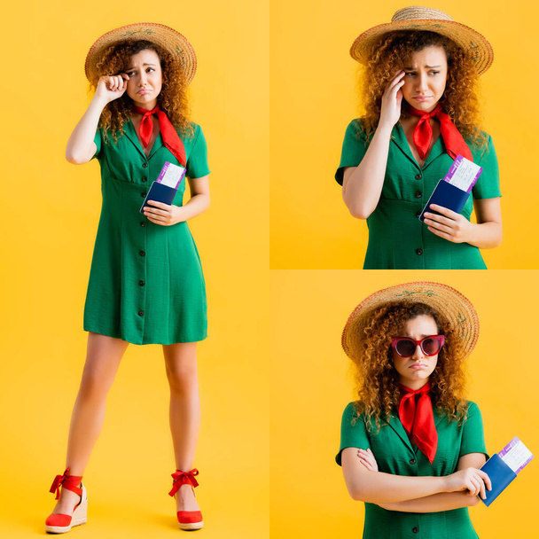 collage of sad curly woman in straw hat and green dress holding passport and crying on yellow - Фото, изображение