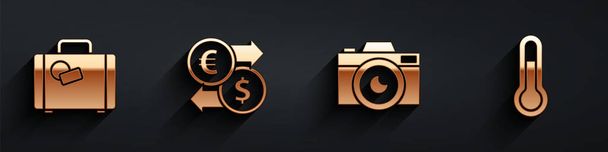 Set Suitcase, Money exchange, Photo camera and Meteorology thermometer icon with long shadow. Vector. - Vector, Image