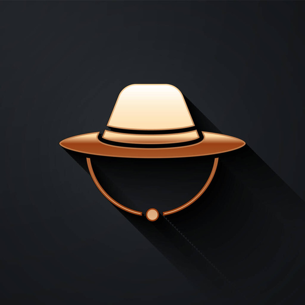 Gold Camping kapelusz ikona izolowane na czarnym tle. Kapelusz plażowy Panama. Explorer kapelusz podróżników na polowania, wędrówki, turystyka. Długi styl cienia. Wektor. - Wektor, obraz