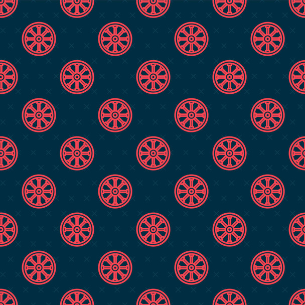 Línea roja Antiguo icono de rueda de madera aislado patrón sin costura sobre fondo negro. Vector. - Vector, Imagen