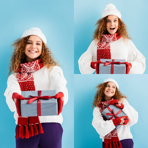 collage of cheerful woman in hat and mittens holding wrapped gift box on blue - Photo, Image