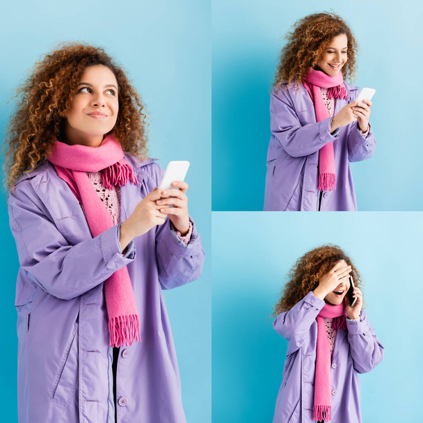 Collage einer glücklichen jungen Frau in Wintermantel und rosafarbenem Strickschal, die SMS schreibt und auf dem Smartphone auf blau spricht - Foto, Bild