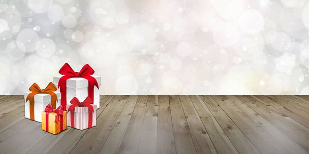 Eine Geschenkschachtel auf dem hölzernen Hintergrund Zur Feier von Silvester, Geburtstag, Weihnachten und Jahresendwinterveranstaltungen 3D-Illustration - Foto, Bild
