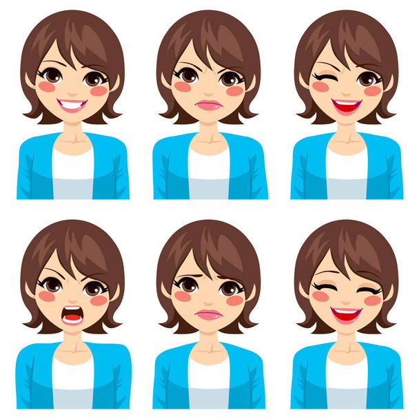 Attractive young brunette woman on six different face expressions set - Vector, Imagen