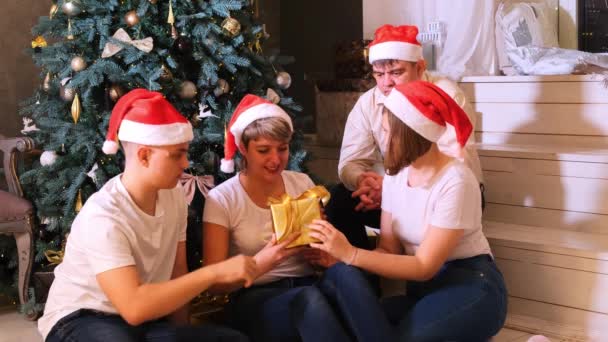 familia en los sombreros de Navidad intercambia regalos delante del árbol de Navidad. - Metraje, vídeo