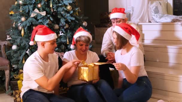 familia en los sombreros de Navidad intercambia regalos delante del árbol de Navidad. - Imágenes, Vídeo