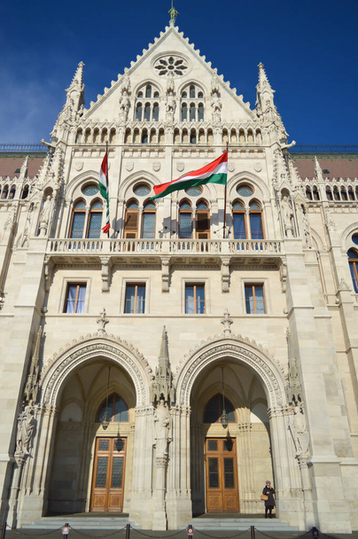 BUDAPEST, HUNGARY - DECEMBER 29, 2017: Exterior of Hungarian Parliament Building in Budapest on December 29, 2017. - Fotó, kép