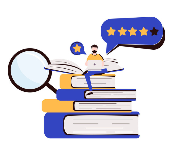 Book review vector illustration. Reading feedback flat tiny persons concept. Literature professional analysis for quality rating assessment and appraisal. Choice report scene with opinion publication. - Vector, Image