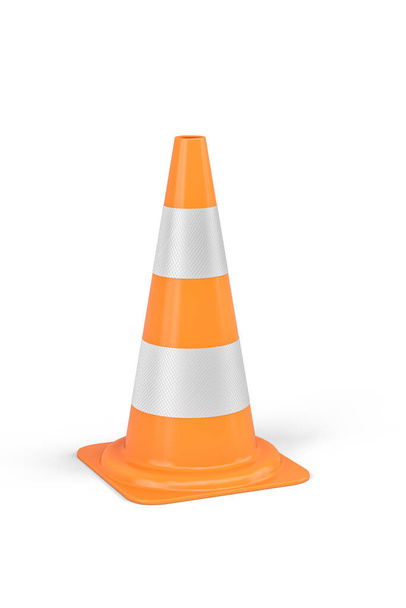 Un cono di traffico arancione con strisce riflettenti su sfondo bianco - rendering 3d - Foto, immagini