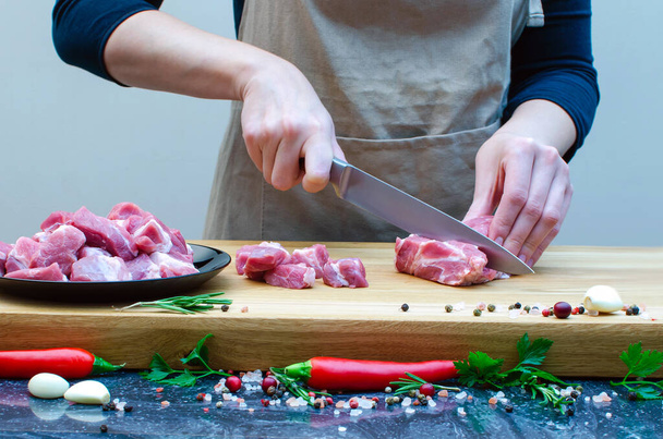Young woman in a white kitchen making a chicken meat fillet dish. - Photo, Image